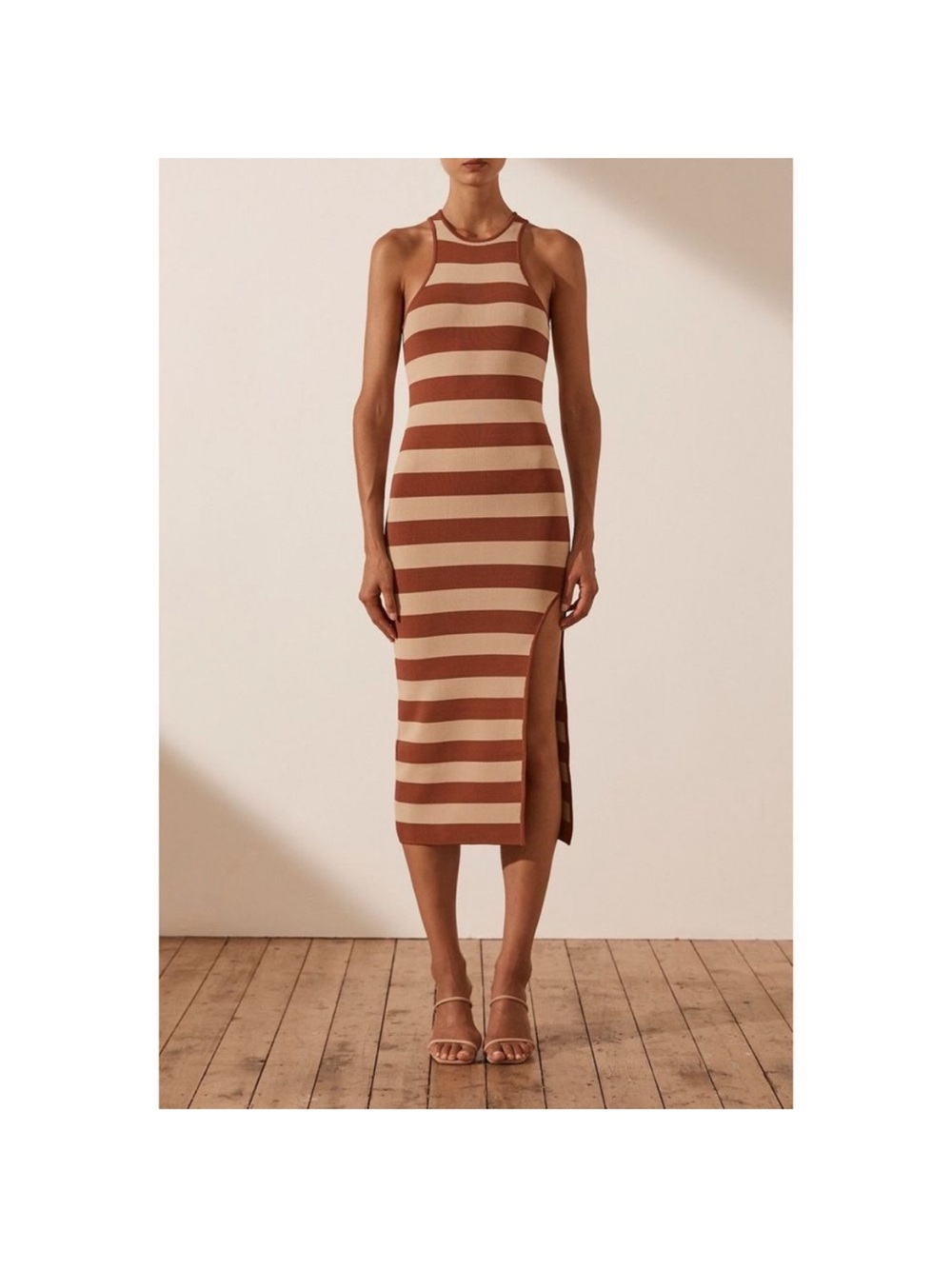 NEW Shona Joy Paris Racer Back Striped Midi Dress Stretch Size M